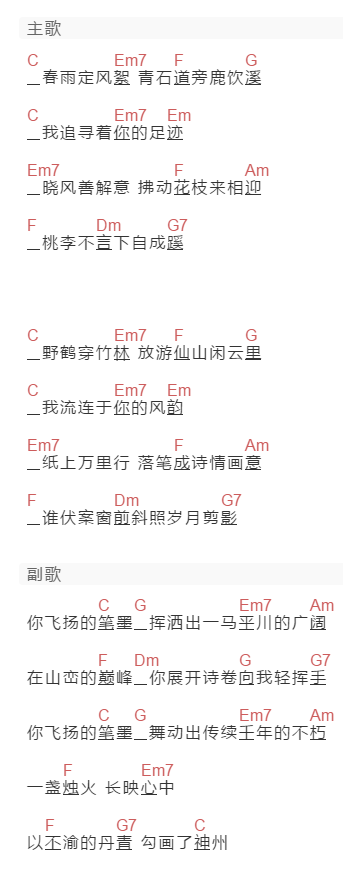 许嵩,谭维维《诗画中国》吉他谱C调和弦谱(txt)1