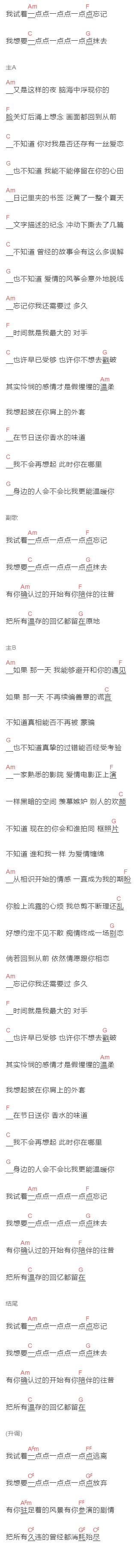 卢卢快闭嘴,巴音汗《试着忘记》吉他谱C调和弦谱(txt)1