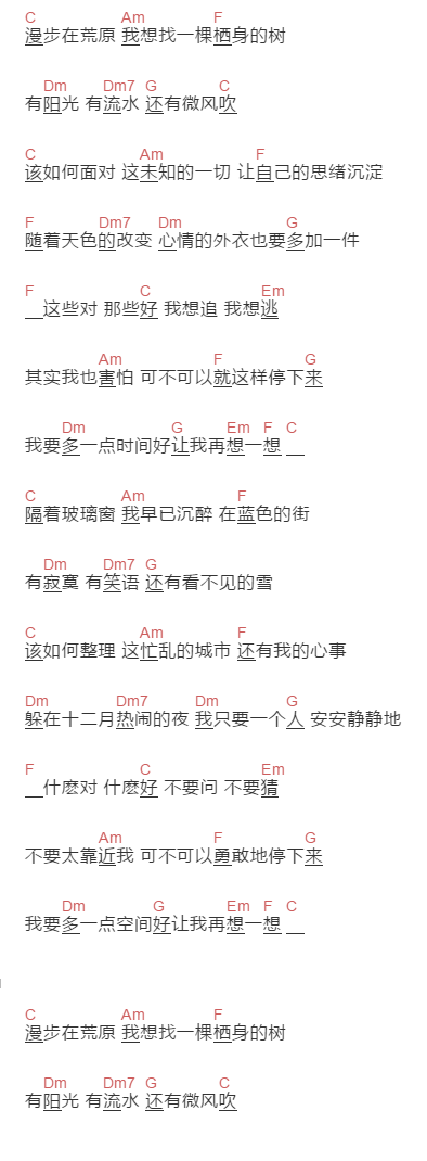 陈绮贞《让我想一想》吉他谱C调和弦谱(txt)1
