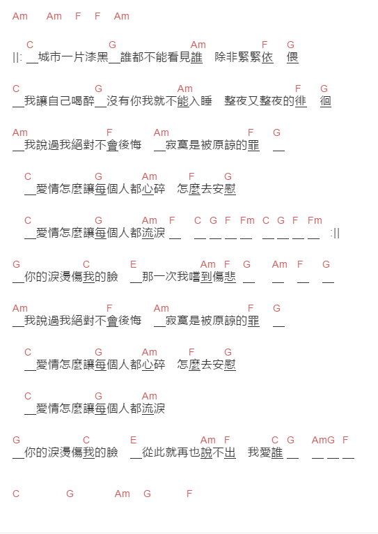 黃大煒《让每个人都心碎》吉他谱C调和弦谱(txt)1