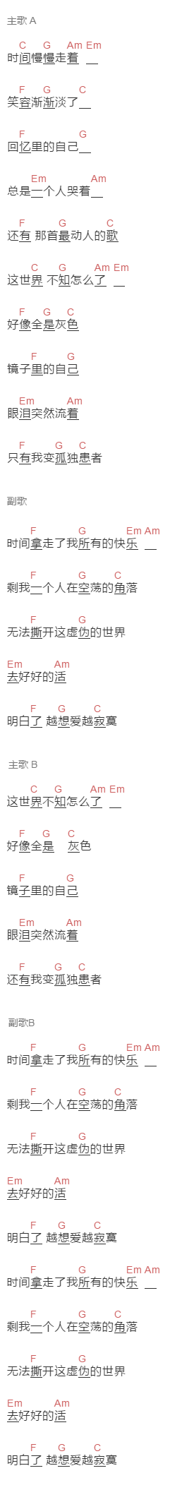 哼哼是李韩宇《角落》吉他谱C调和弦谱(txt)1