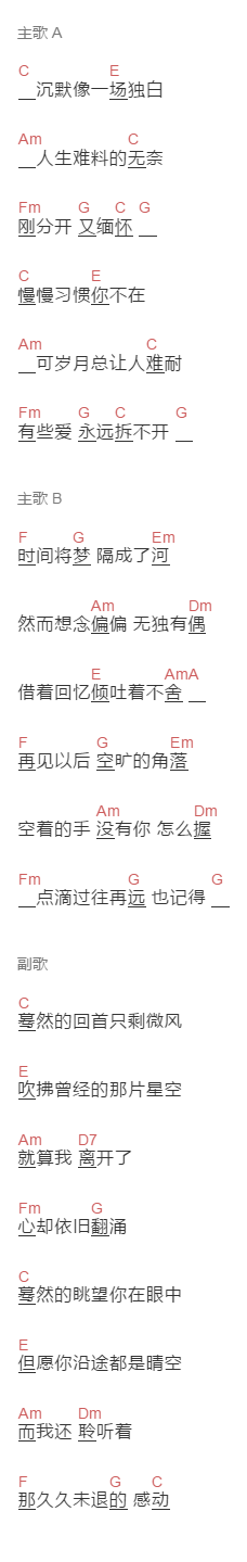 胡夏《蓦然》吉他谱C调和弦谱(txt)1