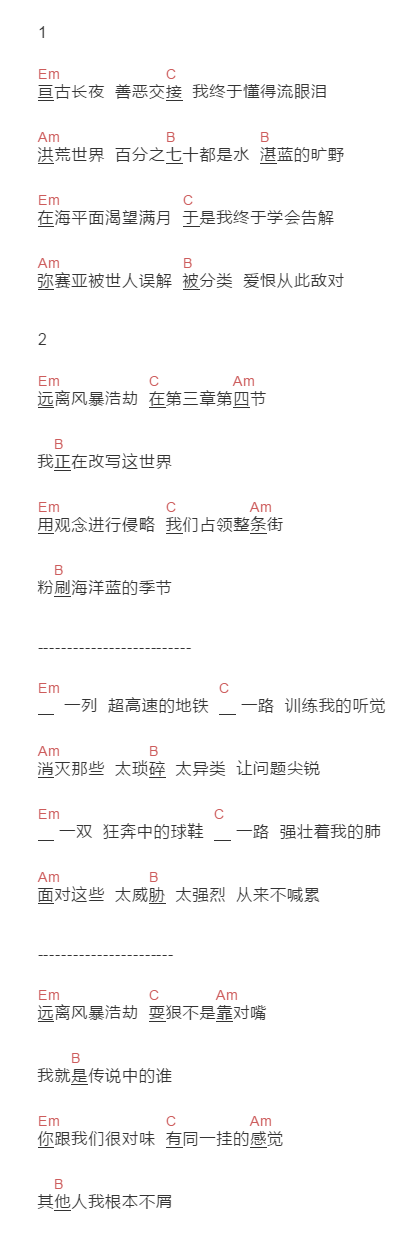 周杰伦《蓝色风暴》吉他谱C调和弦谱(txt)1