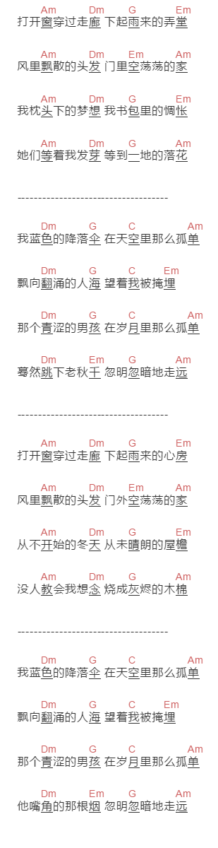 周深《蓝色降落伞》吉他谱C调和弦谱(txt)1