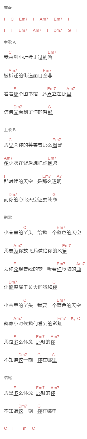 张云雷《蓝色天空》吉他谱C调和弦谱(txt)1