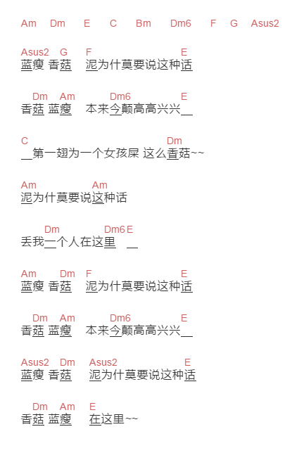 叔姨出品《蓝瘦香菇》吉他谱C调和弦谱(txt)1