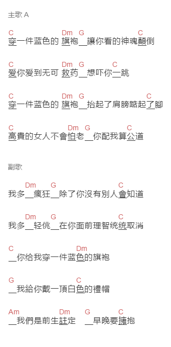 范晓萱《蓝旗袍》吉他谱C调和弦谱(txt)1