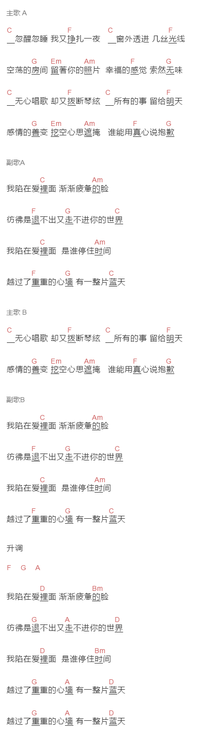 卓猷燕《蓝天》吉他谱C调和弦谱(txt)1