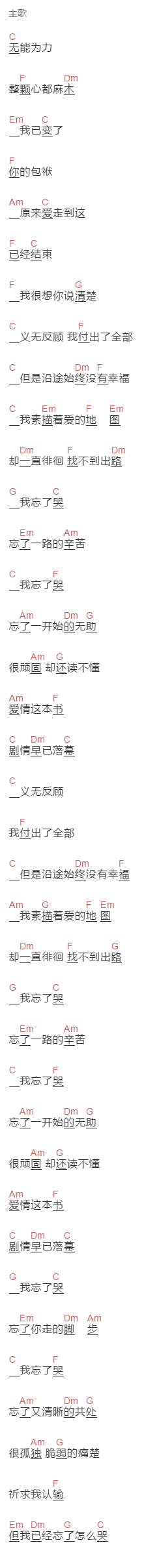 蒋雪儿《落幕》吉他谱C调和弦谱(txt)1