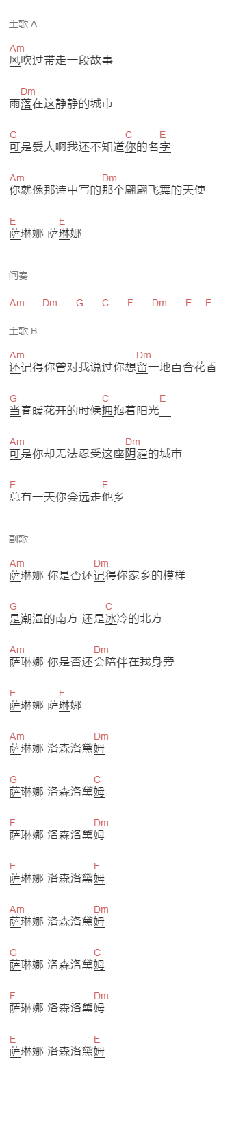 张尧《萨琳娜》吉他谱C调和弦谱(txt)1