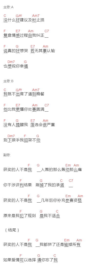 李荣浩《获奖人》吉他谱C调和弦谱(txt)1