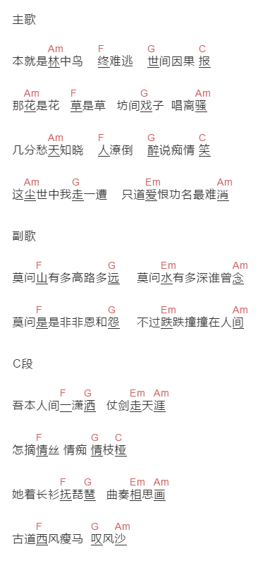 王富贵《莫问》吉他谱C调和弦谱(txt)1