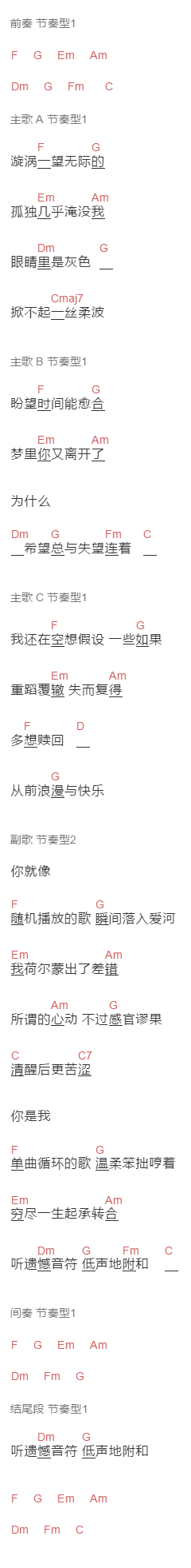 谷江山《荷尔蒙偏差》吉他谱C调和弦谱(txt)1
