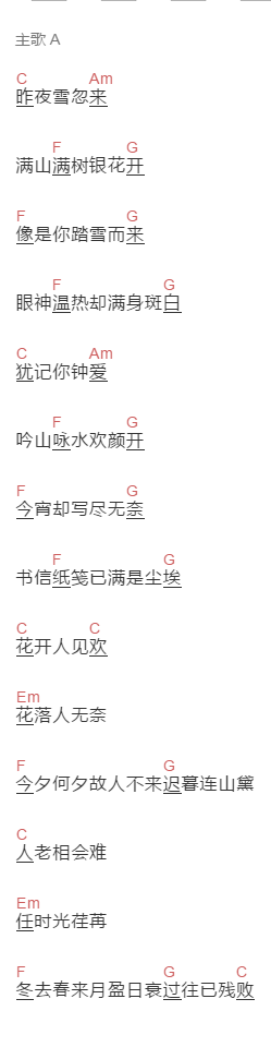谢春花《荏苒冬春去》吉他谱C调和弦谱(txt)1