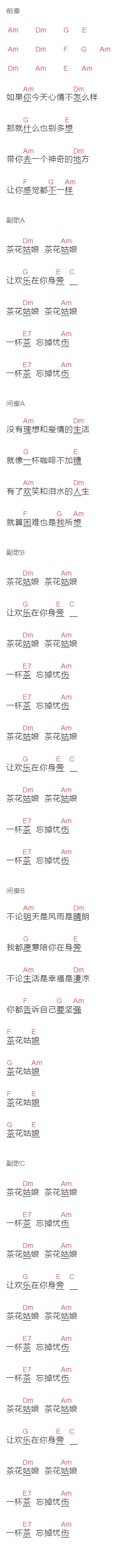 艾尔肯《茶花姑娘》吉他谱C调和弦谱(txt)1