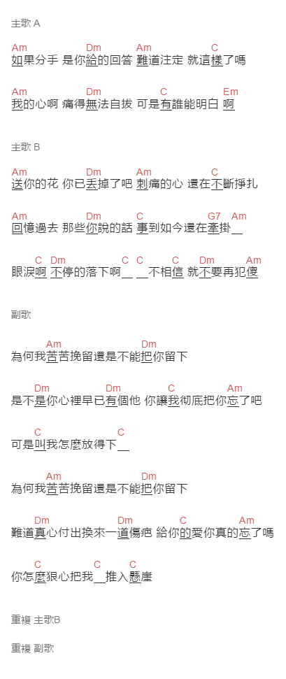 六哲《苦苦挽留》吉他谱C调和弦谱(txt)1
