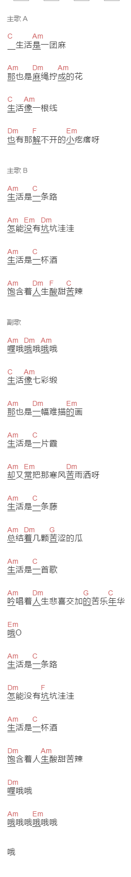 李娜《苦乐年华》吉他谱C调和弦谱(txt)1