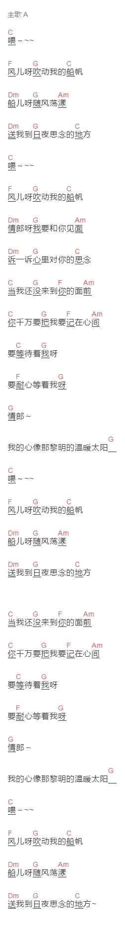 邓丽君《船歌》吉他谱C调和弦谱(txt)1