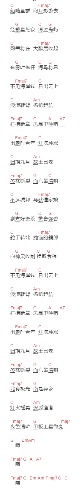 陈鸿宇《船子》吉他谱C调和弦谱(txt)1
