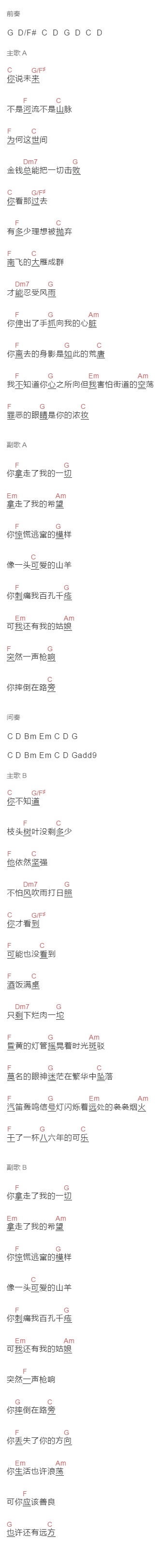 姜铭扬《致跑灯花》吉他谱C调和弦谱(txt)1