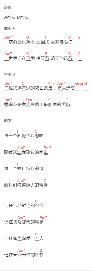 张靓颖《致我们终将逝去的青春》吉他谱C调和弦谱(txt)1
