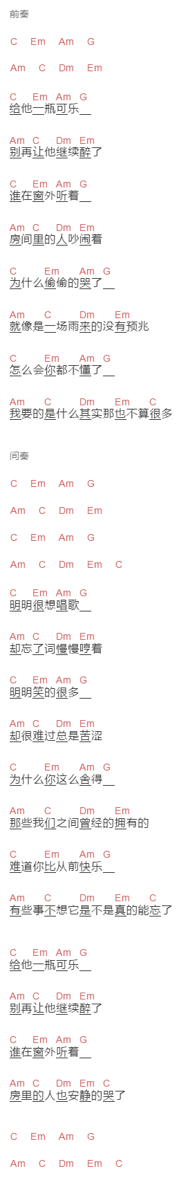 花粥《给他一瓶可乐》吉他谱C调和弦谱(txt)1