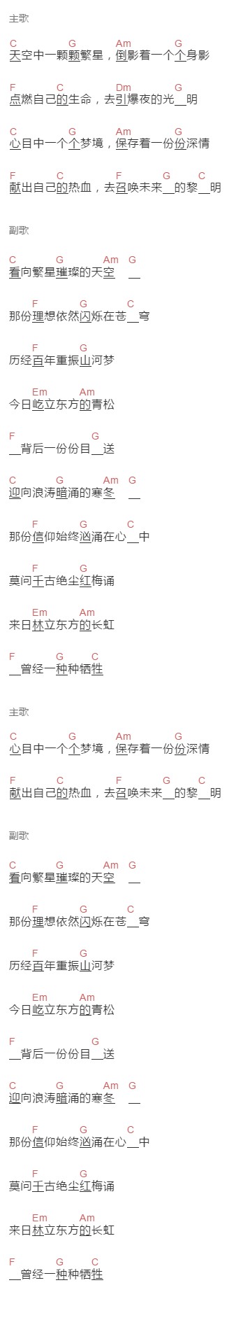 周深《繁星璀璨的天空》吉他谱C调和弦谱(txt)1