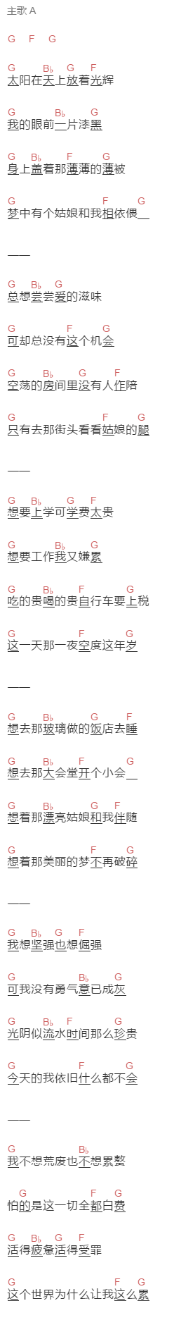 红色部队《累》吉他谱C调和弦谱(txt)1