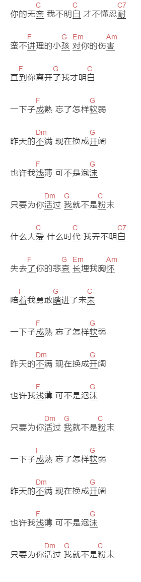 李宇春《粉末》吉他谱C调和弦谱(txt)1