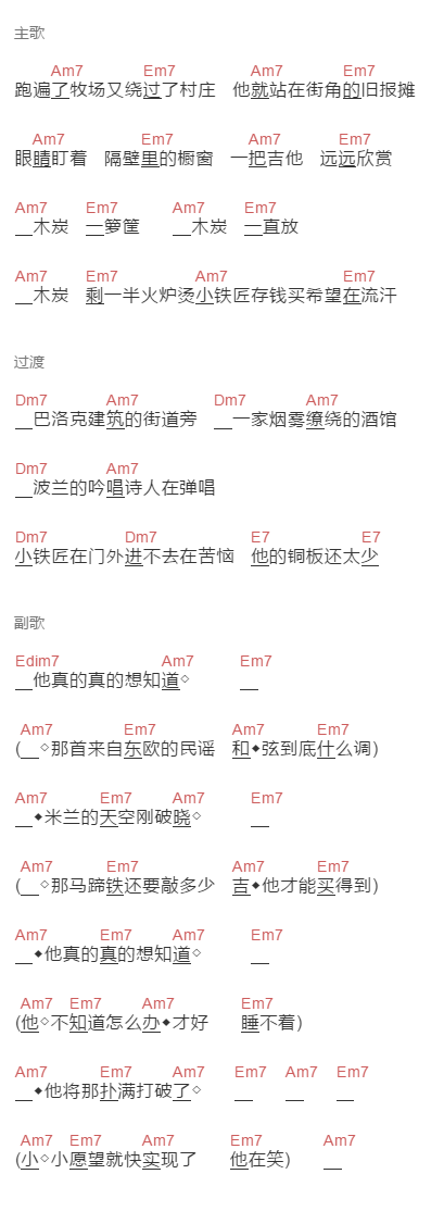 周杰伦《米兰的小铁匠》吉他谱C调和弦谱(txt)1
