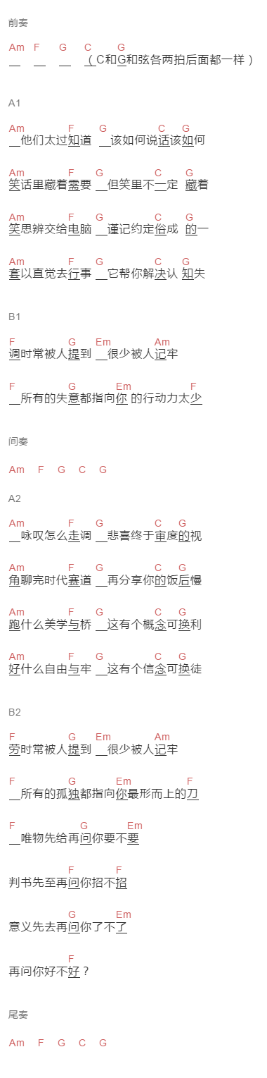 陈鸿宇《类人》吉他谱C调和弦谱(txt)1