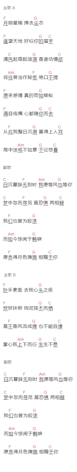 小时姑娘《等风与你》吉他谱C调和弦谱(txt)1