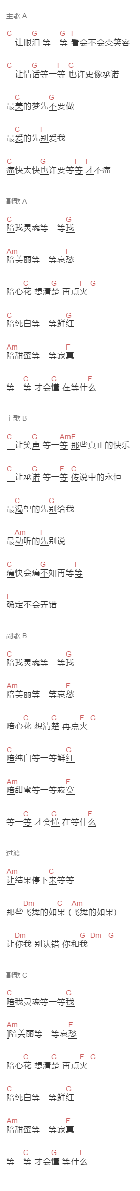olivia ong《等等》吉他谱C调和弦谱(txt)1