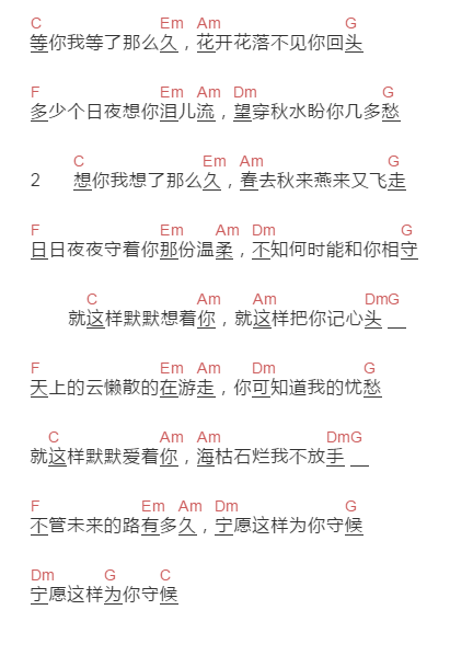 祁隆《等了那么久》吉他谱C调和弦谱(txt)1