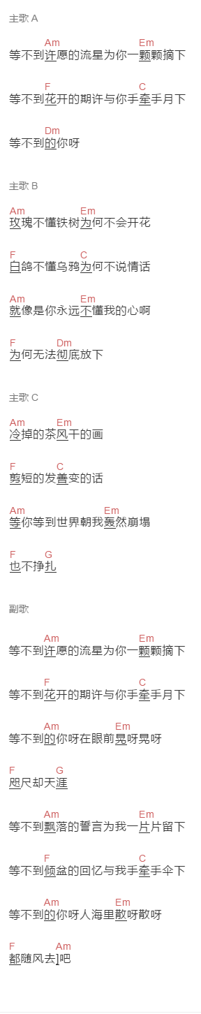刘大状《等不到的你呀》吉他谱C调和弦谱(txt)1
