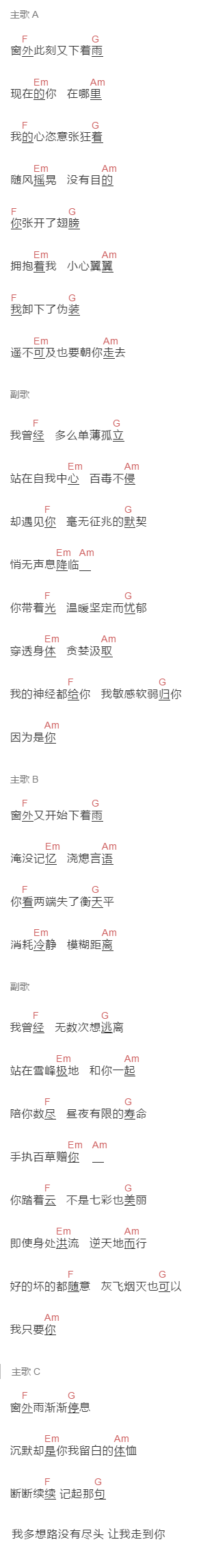 张三弥《窗外雨》吉他谱C调和弦谱(txt)1