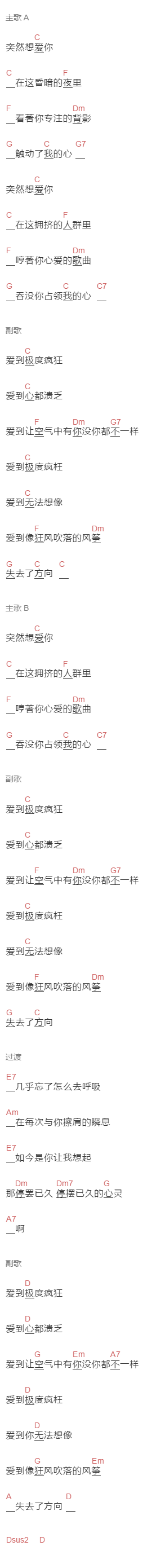 张杰《突然想爱你》吉他谱C调和弦谱(txt)1