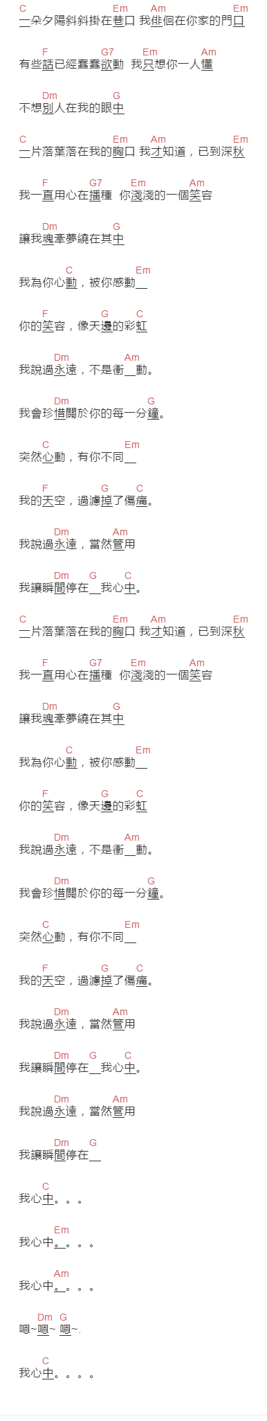 陳曉東《突然心动》吉他谱C调和弦谱(txt)1