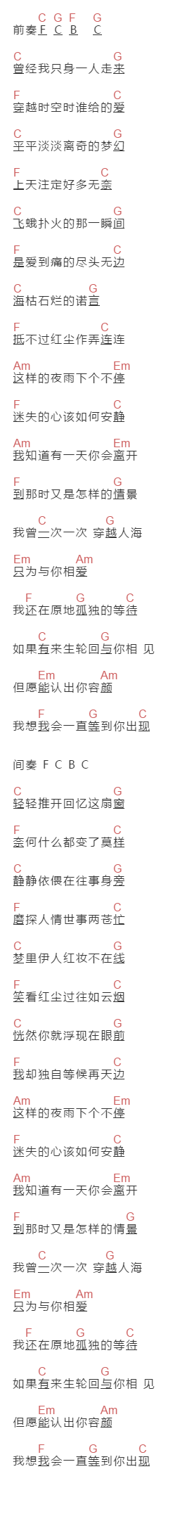 李汶航《穿越人海》吉他谱C调和弦谱(txt)1