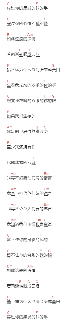 罗大佑《穿过你的黑发的我的手》吉他谱C调和弦谱(txt)1