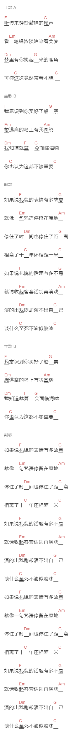 解语花《礼貌》吉他谱C调和弦谱(txt)1