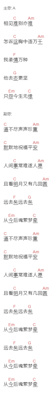 大乔小乔《相见难别亦难》吉他谱C调和弦谱(txt)1