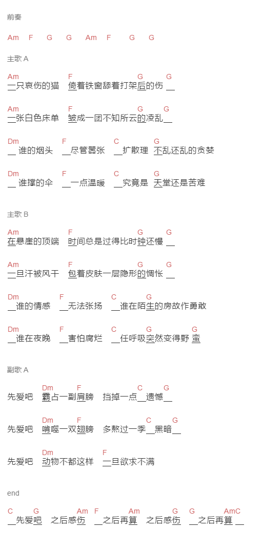 张惠妹《相爱后动物感伤》吉他谱C调和弦谱(txt)1