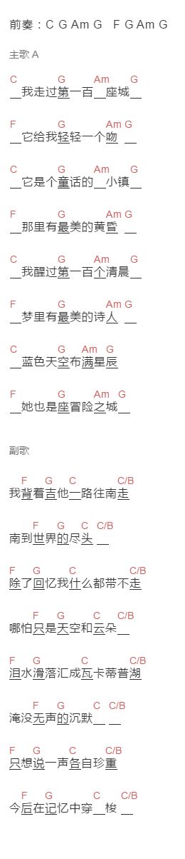 宋钊《皇后镇》吉他谱C调和弦谱(txt)1