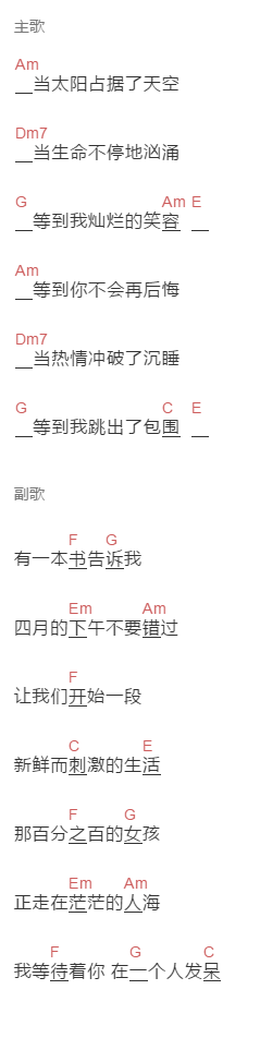 老狼《百分百的女孩》吉他谱C调和弦谱(txt)1