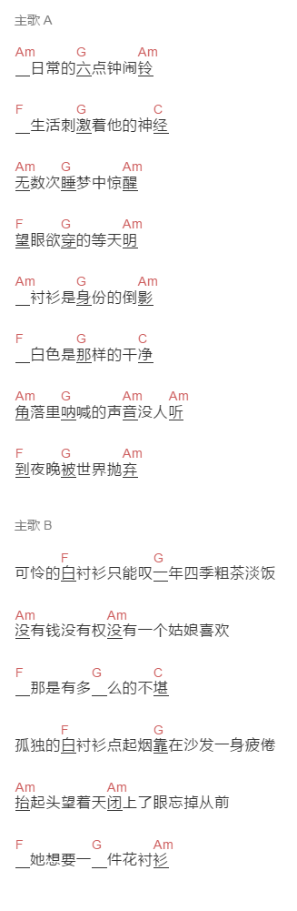 半吨兄弟《白衬衫》吉他谱C调和弦谱(txt)1