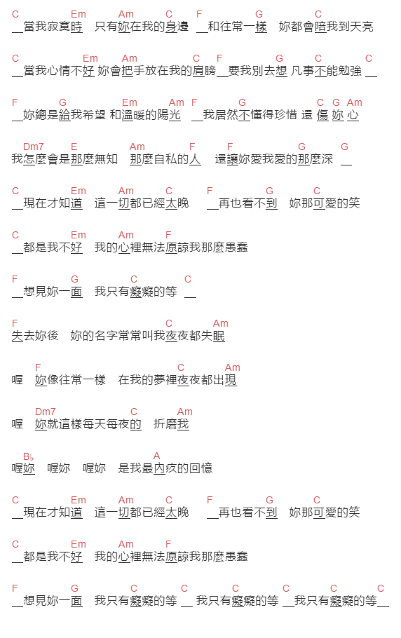 杜德偉《痴痴的等》吉他谱C调和弦谱(txt)1