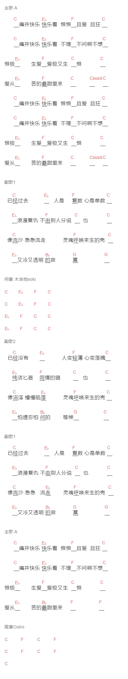 齐秦《痛并快乐着》吉他谱C调和弦谱(txt)1