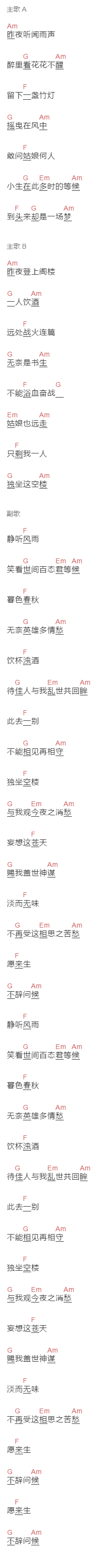 耿天《独坐空楼》吉他谱C调和弦谱(txt)1