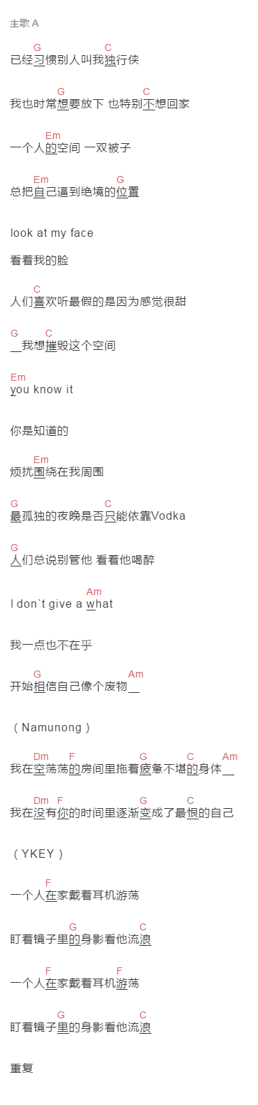 YKEY\Namunong《独行侠》吉他谱C调和弦谱(txt)1